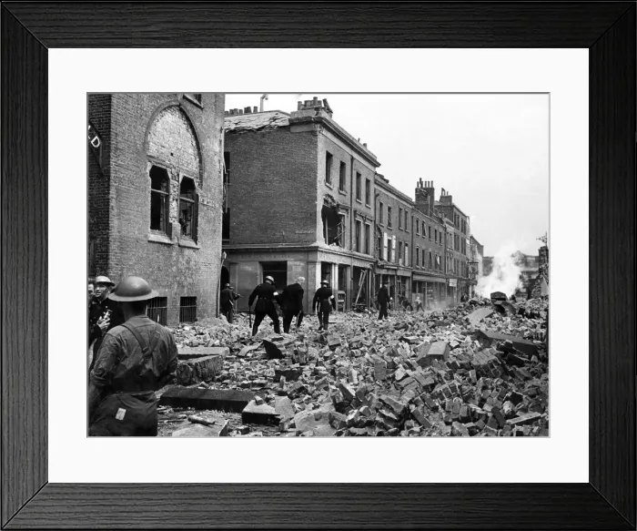 Framed Print : V1 Flying bomb incident at East Smithfield causing damage Framed Print : V1 Flying bomb incident at East Smithfield causing damage
