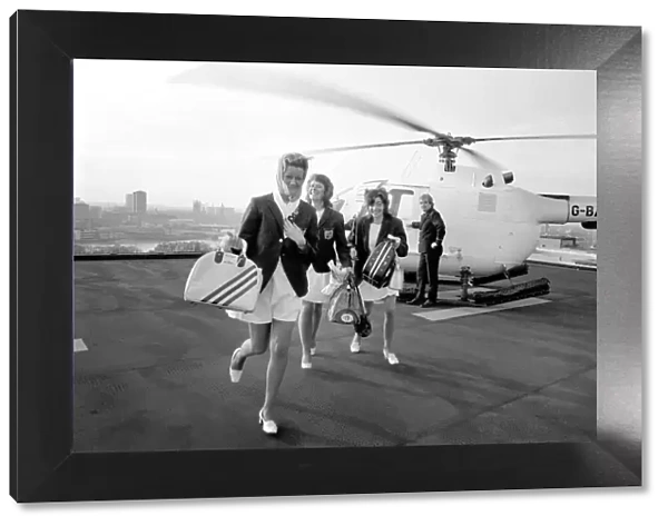 World Ten Pin Bowling Champs. Womens team arrive by helicopter. January 1975 75-00256-002