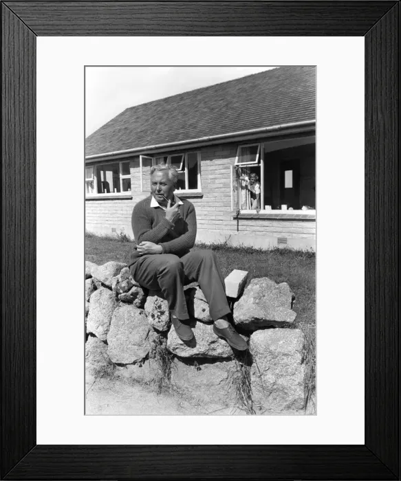Framed Print : Labour Party leader Harold Wilson on holiday outside his cottage at St Framed Print : Labour Party leader Harold Wilson on holiday outside his cottage at St