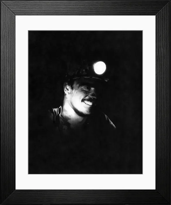 Framed Print : A Miner at work with helmet and head lamp. January 1985 P005131 Framed Print : A Miner at work with helmet and head lamp. January 1985 P005131
