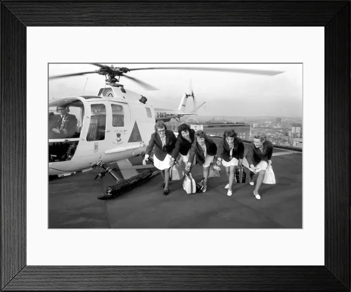 Framed Print : World Ten Pin Bowling Champs. Womens team arrive by helicopter. January 1975 75-00256-001 Framed Print : World Ten Pin Bowling Champs. Womens team arrive by helicopter. January 1975 75-00256-001