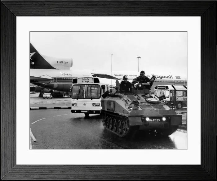 Framed Print : The Army and Police giving security to an Air India Jumbo at Heathrow. June 1985 P004794 Framed Print : The Army and Police giving security to an Air India Jumbo at Heathrow. June 1985 P004794