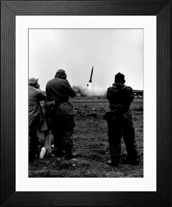 Framed Print : German gunners watch as a Pershing missile is launched from their South Uist base