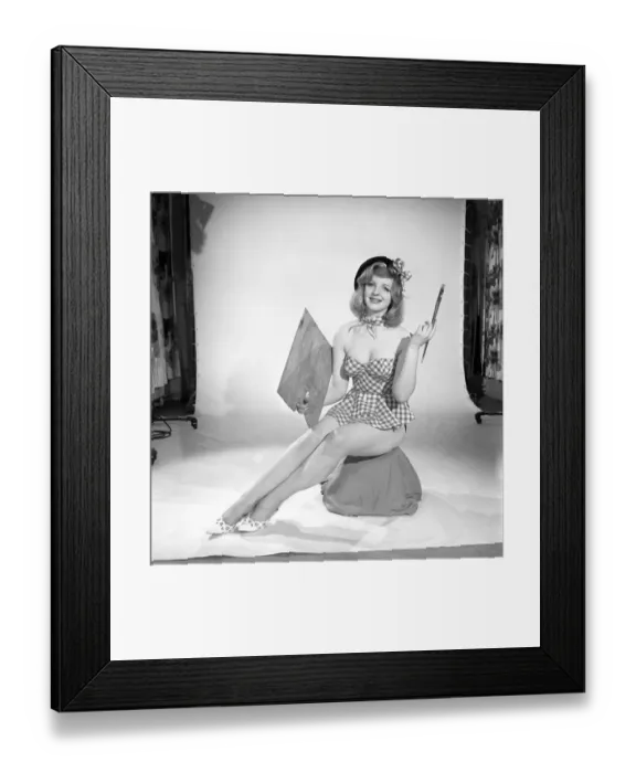 Framed Print : Model Peggy Cage dressed as artist. 1962