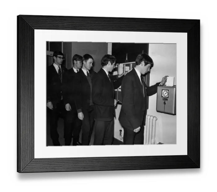 Framed Print : Clocking in at School: The boys clock-in at the Silver Jubilee School