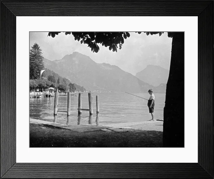 Framed Print : Young boy fishing near to the Swiss village of Seelisburg. August 1936 Framed Print : Young boy fishing near to the Swiss village of Seelisburg. August 1936