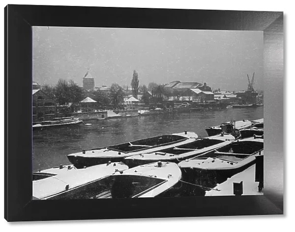 Barges tied up at Kingston as the River Thames freezes January 1940