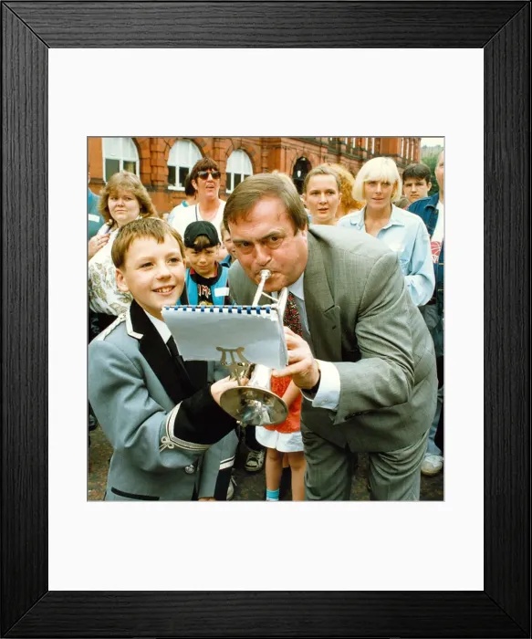 Framed Print : Durham Miners Gala - John Prescott tries Keith Grahams Trumpet Framed Print : Durham Miners Gala - John Prescott tries Keith Grahams Trumpet