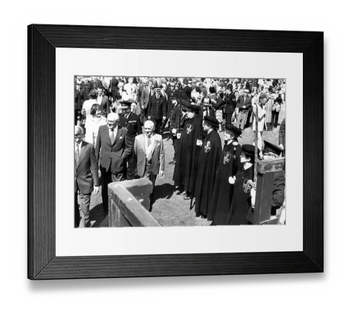 Framed Print : Durham Miners Gala - Jim Callaghan walks past the Mayors Bodyguard on his way to Framed Print : Durham Miners Gala - Jim Callaghan walks past the Mayors Bodyguard on his way to