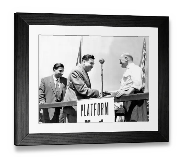 Framed Print : Durham Miners Gala - Sam Watson welcomes two Russian miners to the platform Framed Print : Durham Miners Gala - Sam Watson welcomes two Russian miners to the platform