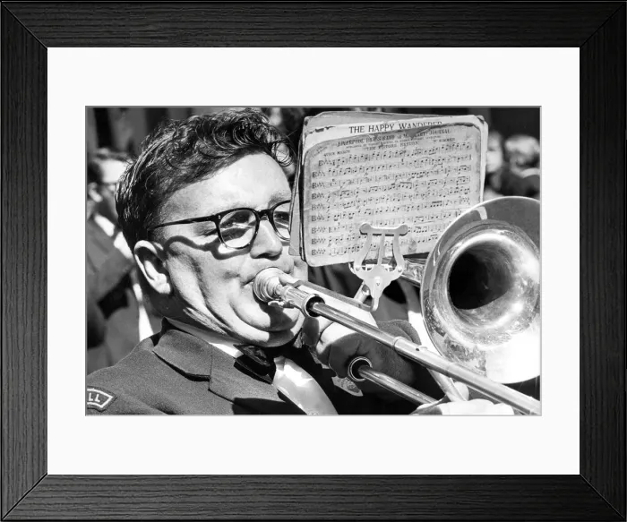 Framed Print : Durham Miners Gala - A big blow for this bandsman as he marches with his colleagues Framed Print : Durham Miners Gala - A big blow for this bandsman as he marches with his colleagues