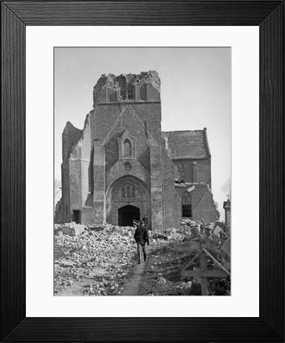 Framed Print : Belgian soldiers seen here inspecting the remains of a church on the battlefield close to Framed Print : Belgian soldiers seen here inspecting the remains of a church on the battlefield close to