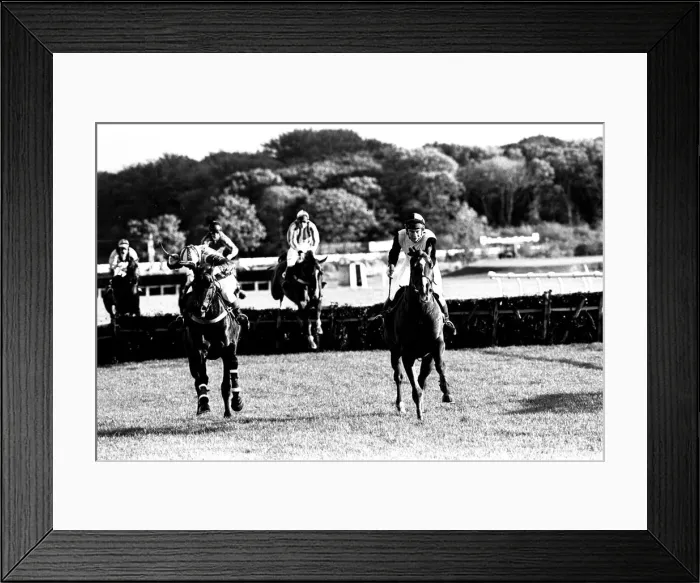 Framed Print : Over the last hurdle safely Narvik (right) is pushed out by Denis Atkins to shrug off