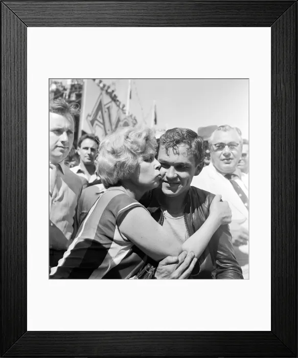Framed Print : Senior TT race, Isle of Man. Winner Gary Hocking being congratulated by his mum Framed Print : Senior TT race, Isle of Man. Winner Gary Hocking being congratulated by his mum