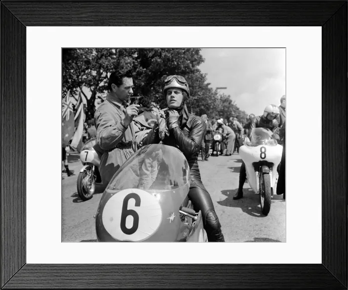 Framed Print : Isle of Man TT Races - Junior International. Giacomo Agostini talking to his Framed Print : Isle of Man TT Races - Junior International. Giacomo Agostini talking to his