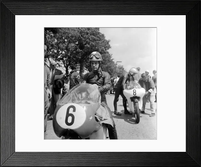 Framed Print : Isle of Man TT Races - Junior International. Giacomo Agostini preparing himself for Framed Print : Isle of Man TT Races - Junior International. Giacomo Agostini preparing himself for
