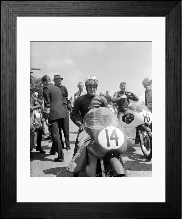 Framed Print : Isle of Man TT Races - Junior International. Mike Hailwood before the start Framed Print : Isle of Man TT Races - Junior International. Mike Hailwood before the start