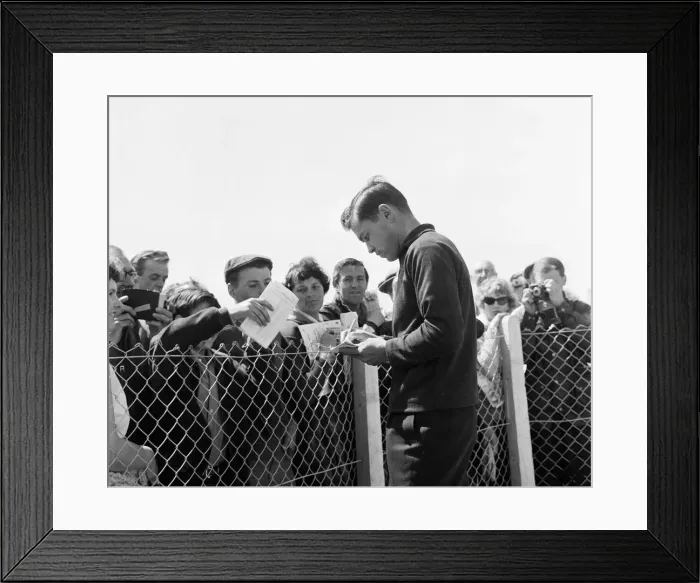 Framed Print : Rider Gary Hocking signs autographs for fans. 4th June 1962 Framed Print : Rider Gary Hocking signs autographs for fans. 4th June 1962