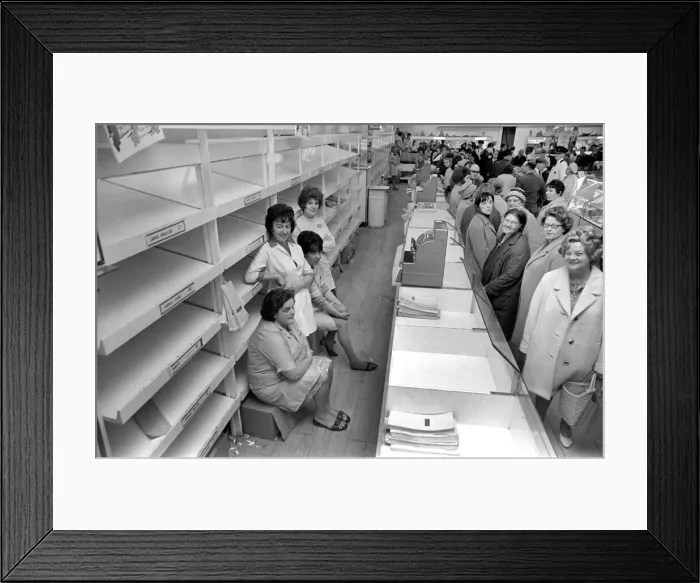 Framed Print : Food: Industrial Disputes: Scores of shoppers line the counter at Lewis