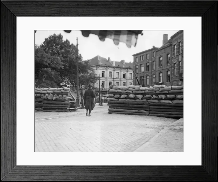Framed Print : Belgian Civil Guards seen here manning a barricade across one of the roads leading into Framed Print : Belgian Civil Guards seen here manning a barricade across one of the roads leading into