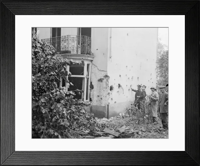 Framed Print : Belgian Army officers inspect the latest bomb damage in Antwerp the result of one of Framed Print : Belgian Army officers inspect the latest bomb damage in Antwerp the result of one of
