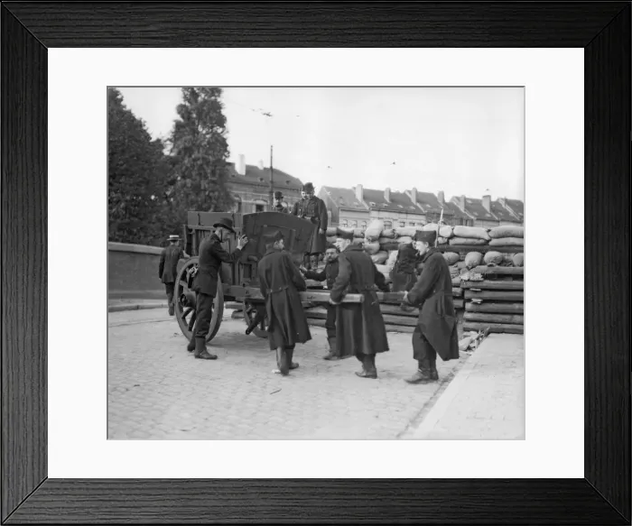 Framed Print : Belgian Civil Guards seen here building a barricade across one of the roads leading into
