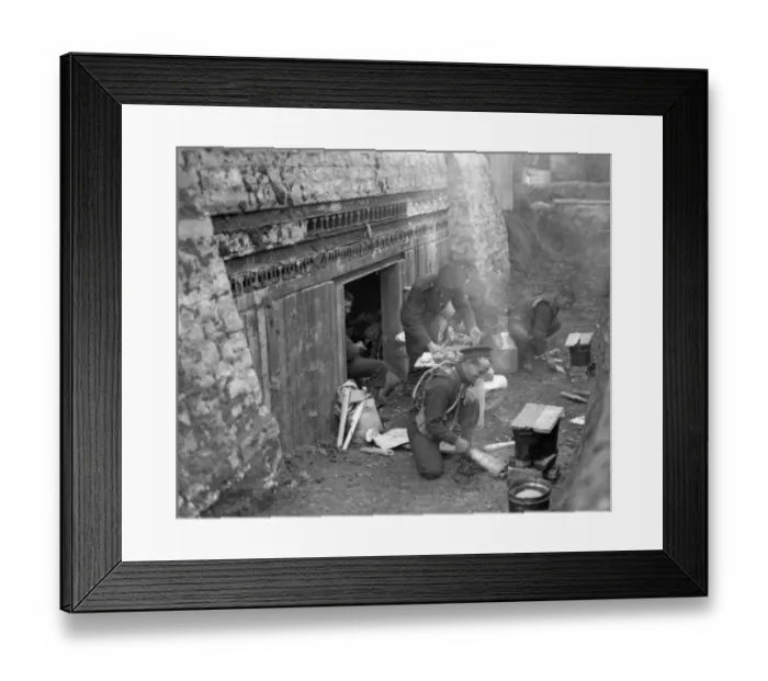 Framed Print : Royal Marines preparing a meal at the earthwork defences