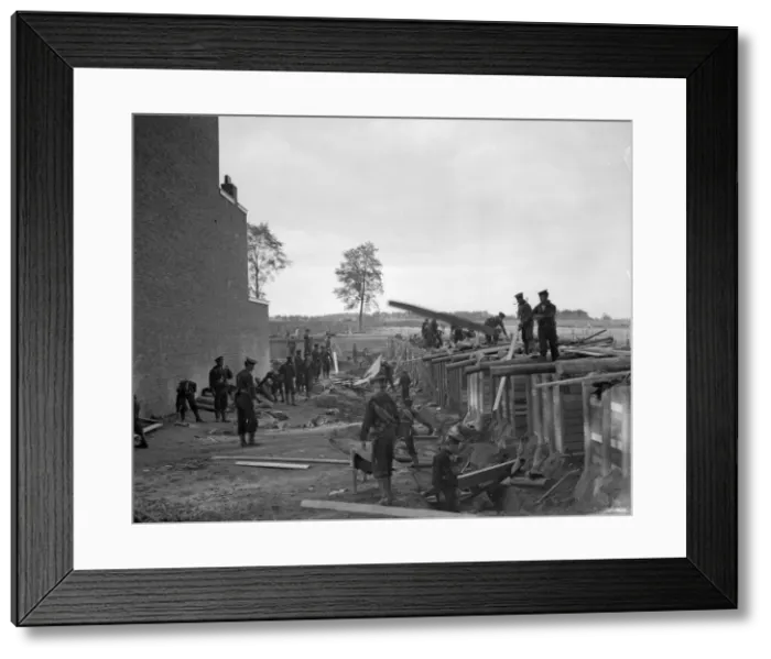 Framed Print : Earthwork defences and bomb proof shelters being built by the Belgians