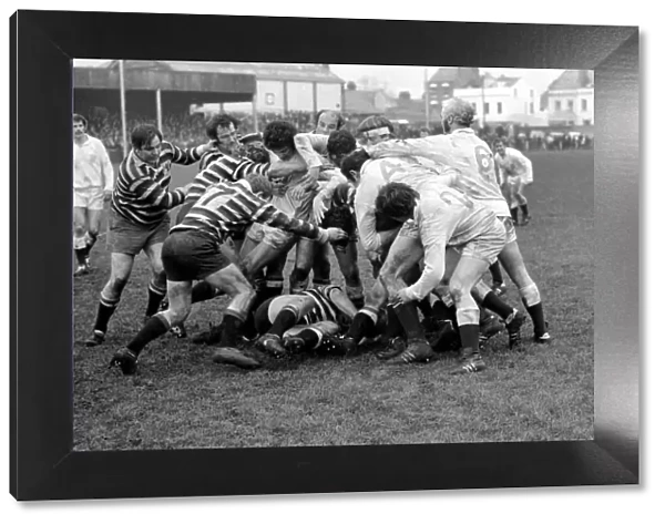 A ruck during the Gloucester v. Somerset rugby match. January 1972 72-0240-004