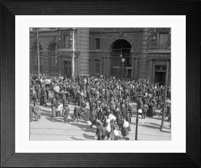 Framed Print : Refugees from the advancing Germans gather outside the Central Railway Station in Antwerp Framed Print : Refugees from the advancing Germans gather outside the Central Railway Station in Antwerp