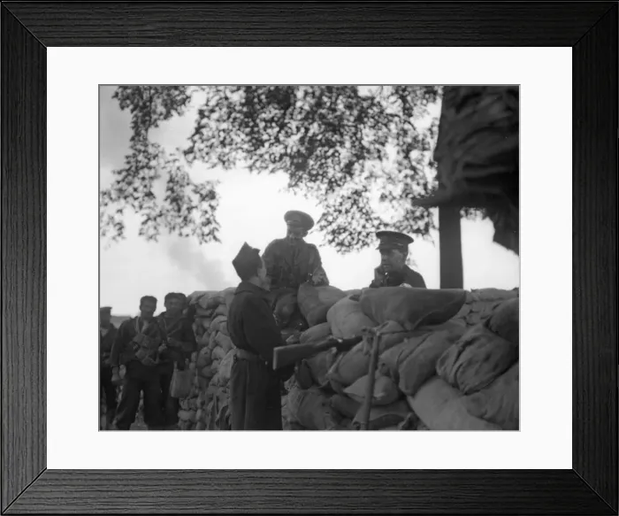Framed Print : Officers with the British Naval Brigade seen here talking with a Belgian at the defences