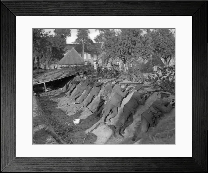Framed Print : Marines from the Naval brigade in a trench at Vieux Wien near Antwerp awaiting the German Framed Print : Marines from the Naval brigade in a trench at Vieux Wien near Antwerp awaiting the German