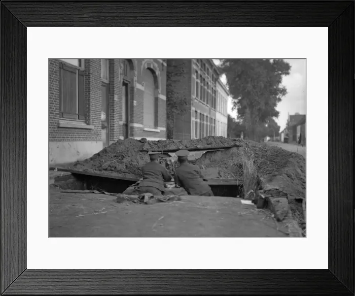 Framed Print : Two soldiers of the Naval brigade seen here in a trench on the Lierre Road manning a