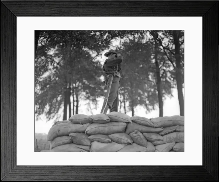 Framed Print : Royal Marine from the Naval Brigade seen here manning a barricade made from sandbags