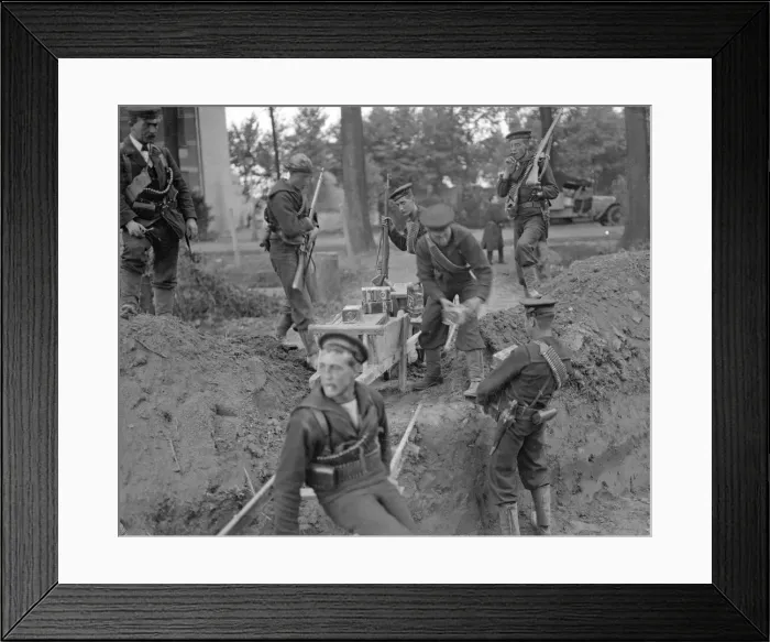 Framed Print : Royal Marines handing out tins of Bully Beef at the earthwork defences Framed Print : Royal Marines handing out tins of Bully Beef at the earthwork defences
