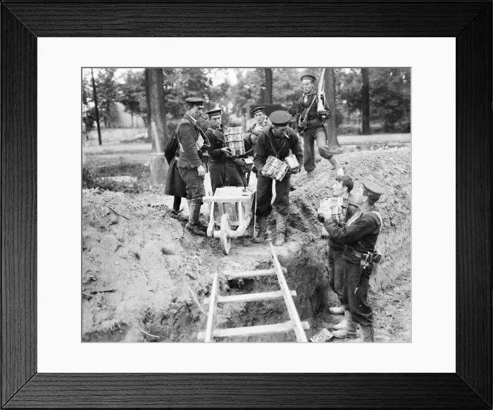 Framed Print : Royal Marines handing out tins of Bully Beef at the earthwork defences Framed Print : Royal Marines handing out tins of Bully Beef at the earthwork defences