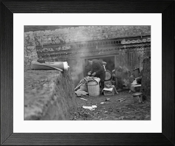 Framed Print : Royal Marines preparing a meal of Bully Beef at the earthwork defences Framed Print : Royal Marines preparing a meal of Bully Beef at the earthwork defences
