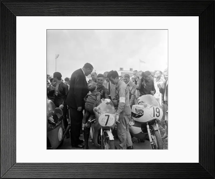 Framed Print : Isle of Man TT Races - Junior International. Winner Jim Redman with his family Framed Print : Isle of Man TT Races - Junior International. Winner Jim Redman with his family