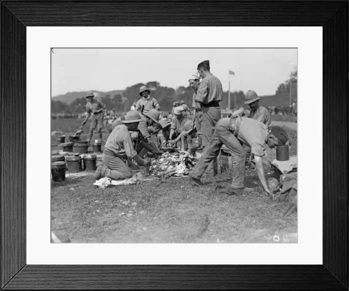 Framed Print : Members of the 1st Manchester Regiment seen here in their field kitchen at the the race Framed Print : Members of the 1st Manchester Regiment seen here in their field kitchen at the the race