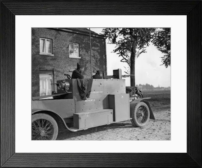 Framed Print : Belgian armoured car seen in action during the Battle of Audeghem September 26th 1914 Framed Print : Belgian armoured car seen in action during the Battle of Audeghem September 26th 1914