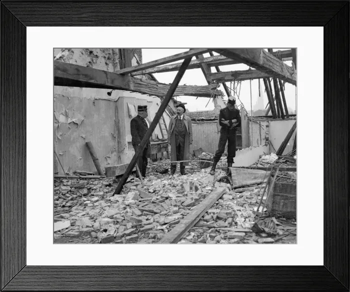 Framed Print : Belgian Army officers inspect telegraph / radio office damaged in Antwerp the result of Framed Print : Belgian Army officers inspect telegraph / radio office damaged in Antwerp the result of