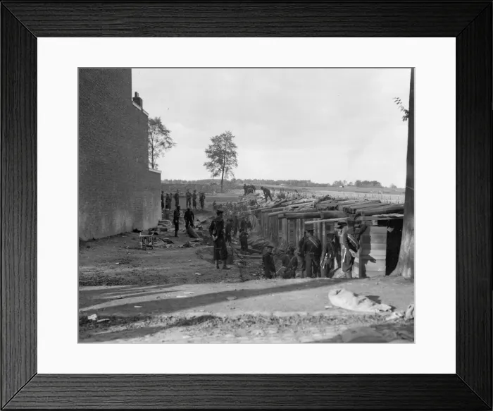Framed Print : Earthwork defences and bomb proof shelters being built by the Belgians Framed Print : Earthwork defences and bomb proof shelters being built by the Belgians
