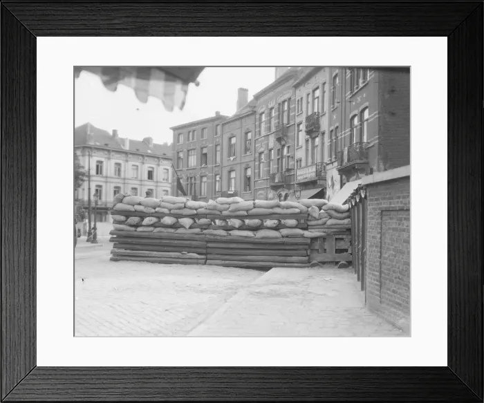 Framed Print : A barricade across one of the roads leading into Brussels Circa August 1914