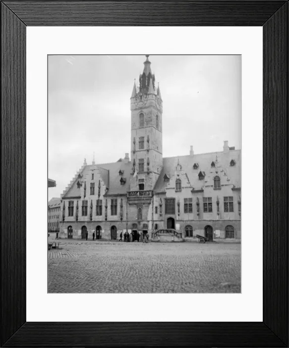 Framed Print : The town hall at Termonde flies the Belgian flag after the town was retaken from Framed Print : The town hall at Termonde flies the Belgian flag after the town was retaken from