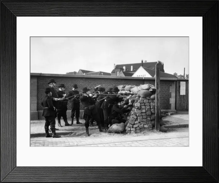 Framed Print : Belgian Civil Guards seen here manning a barricade across one of the roads leading into
