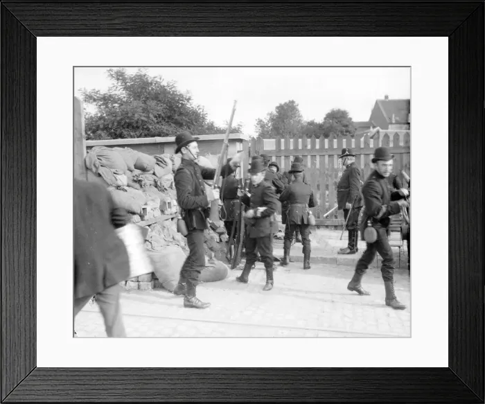 Framed Print : Belgian Civil Guards seen here manning a barricade across one of the roads leading into Framed Print : Belgian Civil Guards seen here manning a barricade across one of the roads leading into