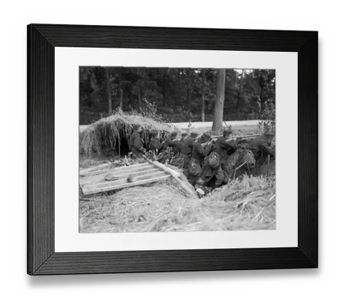 Framed Print : Belgium infantry men seen here readying to fire at the approaching enemy from their