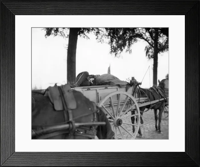 Framed Print : A Belgian soldier grabs a few moments rest in a cart. Circa August 19th 1914