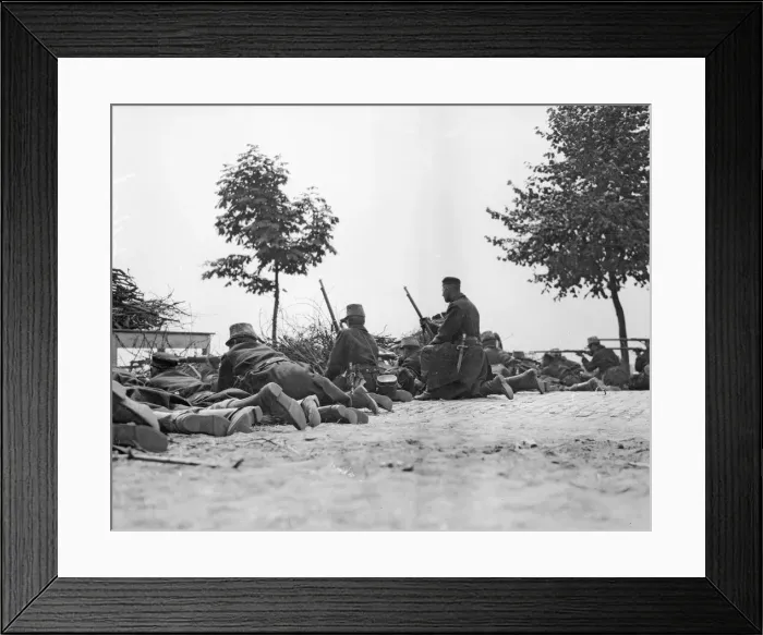 Framed Print : Belgian riflemen lying on the road facing the German advance at Louvain Framed Print : Belgian riflemen lying on the road facing the German advance at Louvain