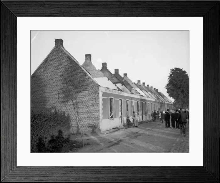 Framed Print : Belgian civilians view the burnt out cottages in Mella Framed Print : Belgian civilians view the burnt out cottages in Mella